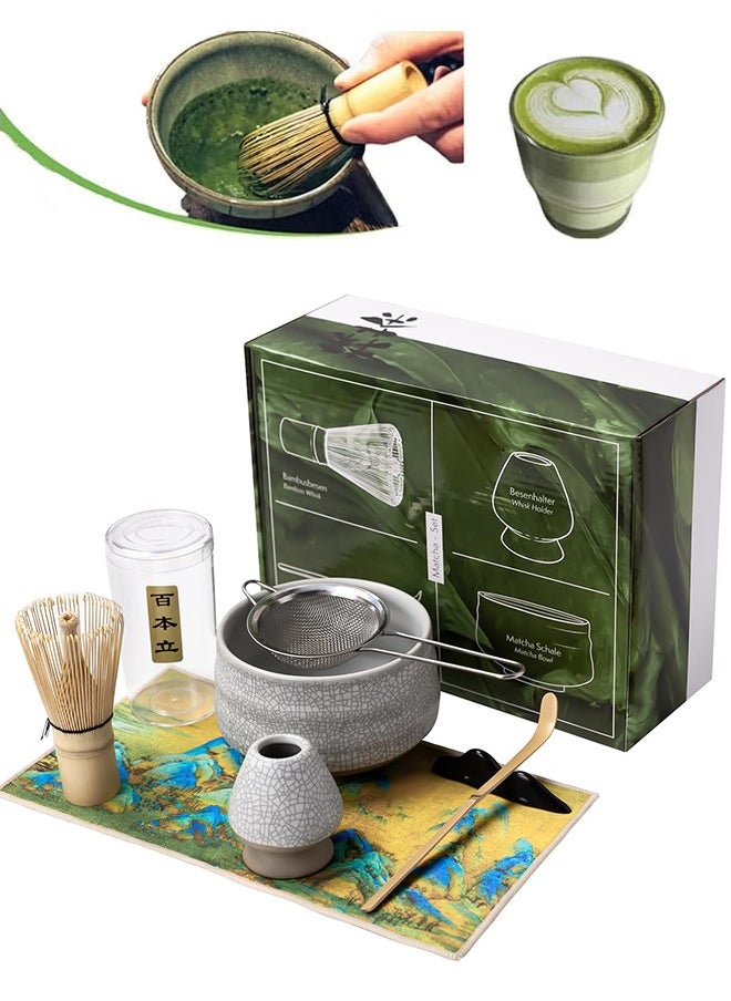 Japanese Matcha Tea Set, 7Pcs Matcha Whisk Set with Matcha Bowl, Matcha Bamboo Whisk, Scoop, Whisk Holder, Stainless Steel Tea Sifter, Tea Making Kit