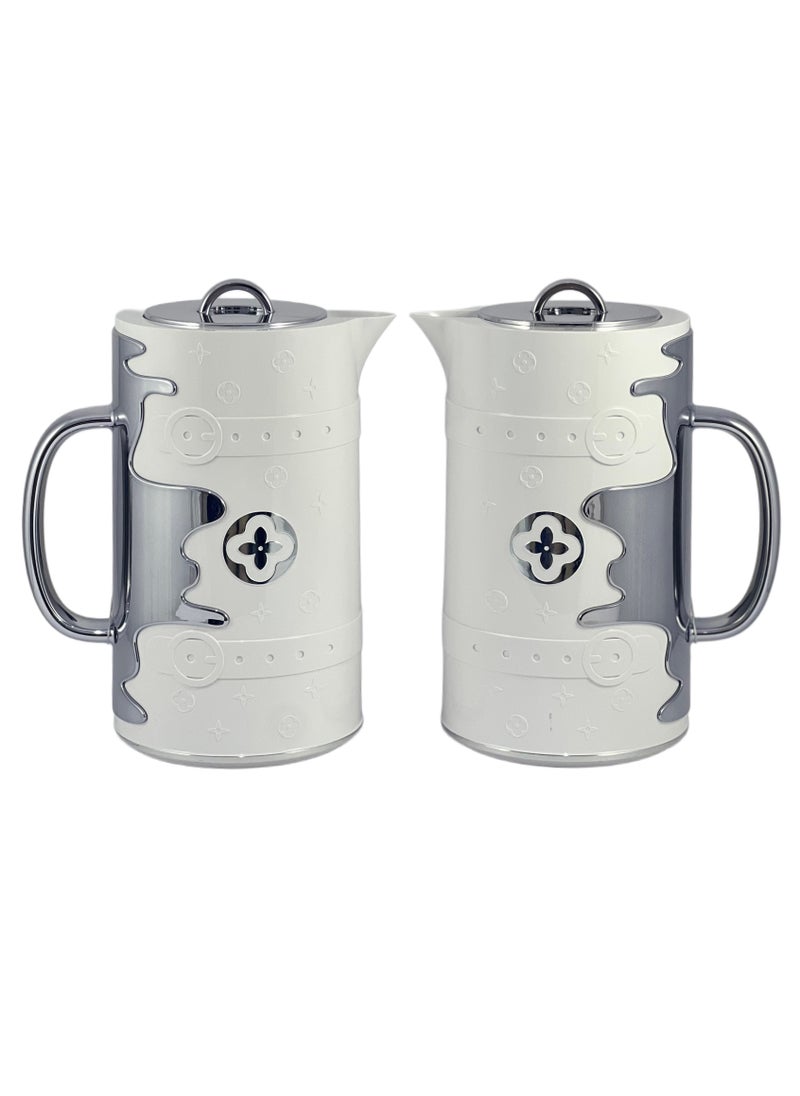 1L Flask Set 2-Piece, ABS Body with Glass Inner, White-Silver, Insulated Thermos for Hot & Cold Beverages