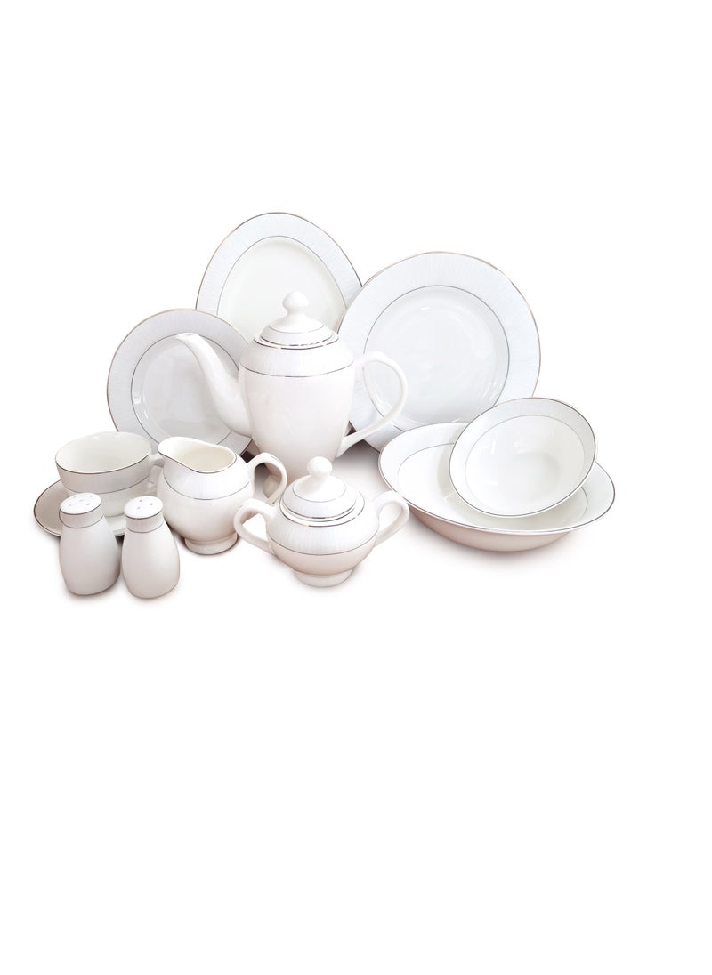 Shallow New Bone China Dinner Set - Feliz, 47 Pieces, White