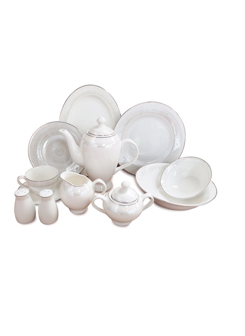 Shallow New Bone China Dinner Set - Diva, 47 Pieces, White