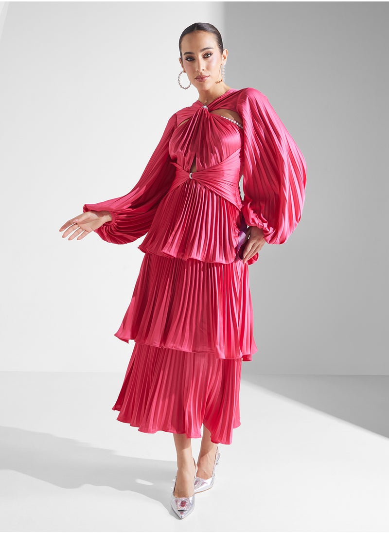 Neck Cutout Pleated Layered Dress