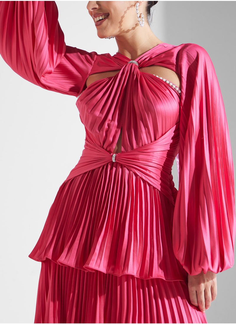 Neck Cutout Pleated Layered Dress