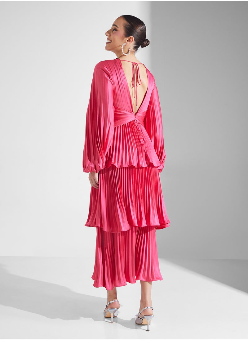 Neck Cutout Pleated Layered Dress
