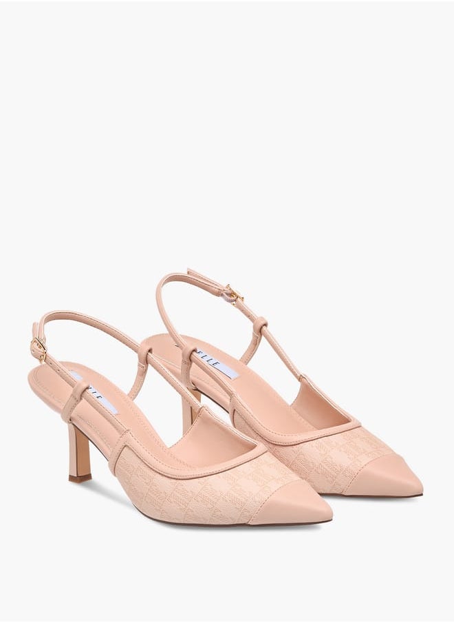 Women's Monogram Print Slingback Shoes with Buckle Closure and Kitten Heels