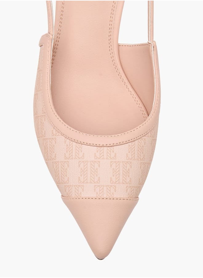 Women's Monogram Print Slingback Shoes with Buckle Closure and Kitten Heels