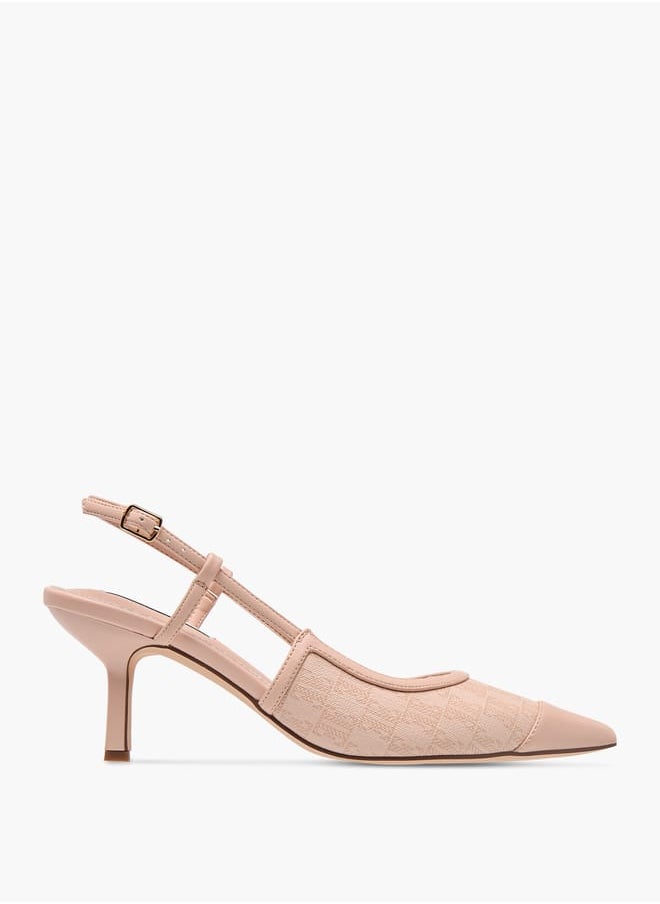 Women's Monogram Print Slingback Shoes with Buckle Closure and Kitten Heels