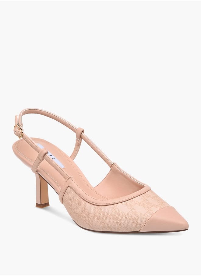 Women's Monogram Print Slingback Shoes with Buckle Closure and Kitten Heels