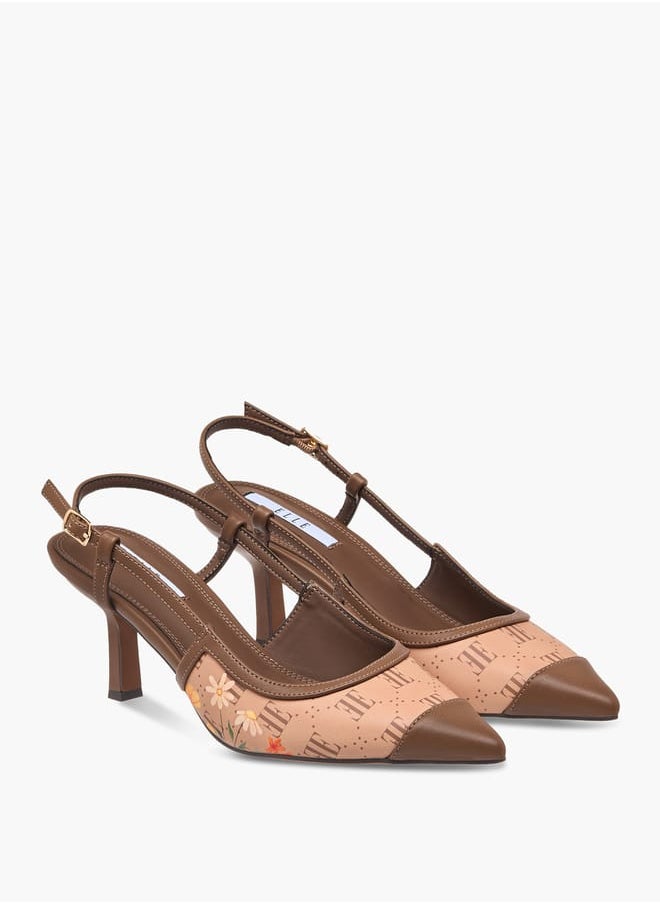 Women's Logo Print Pointed Toe Sandals with Buckle Closure and Kitten Heels