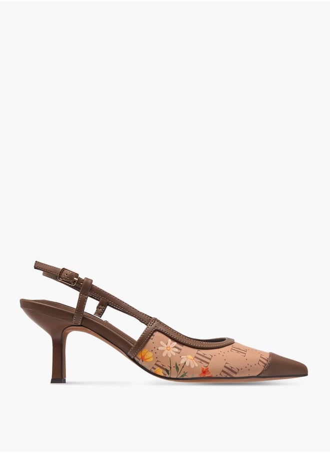 Women's Logo Print Pointed Toe Sandals with Buckle Closure and Kitten Heels