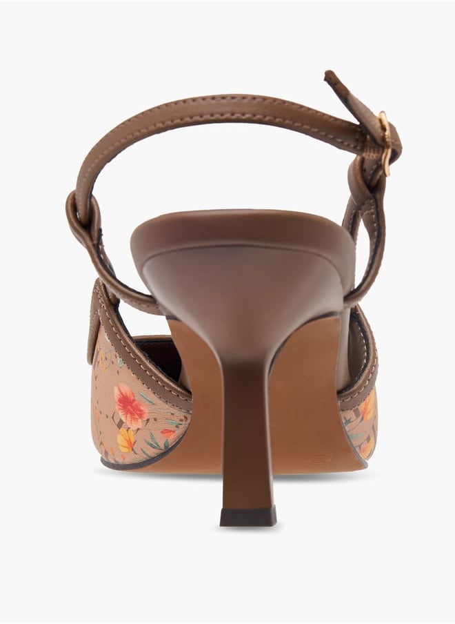 Women's Logo Print Pointed Toe Sandals with Buckle Closure and Kitten Heels