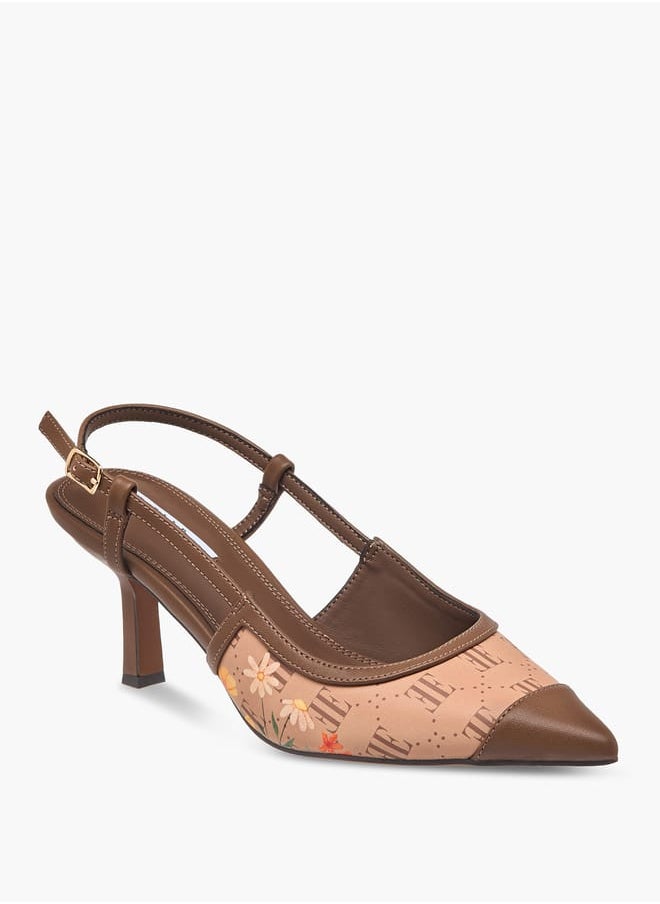 Women's Logo Print Pointed Toe Sandals with Buckle Closure and Kitten Heels