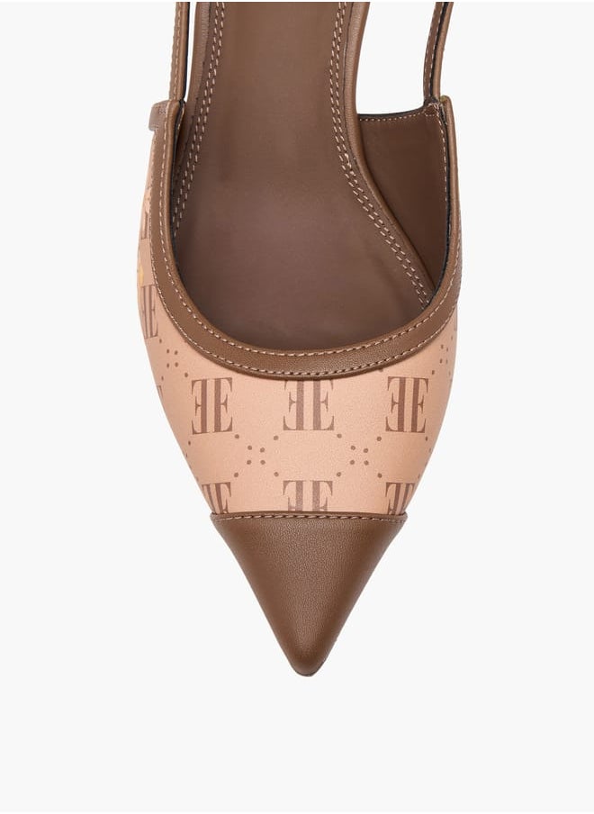 Women's Logo Print Pointed Toe Sandals with Buckle Closure and Kitten Heels
