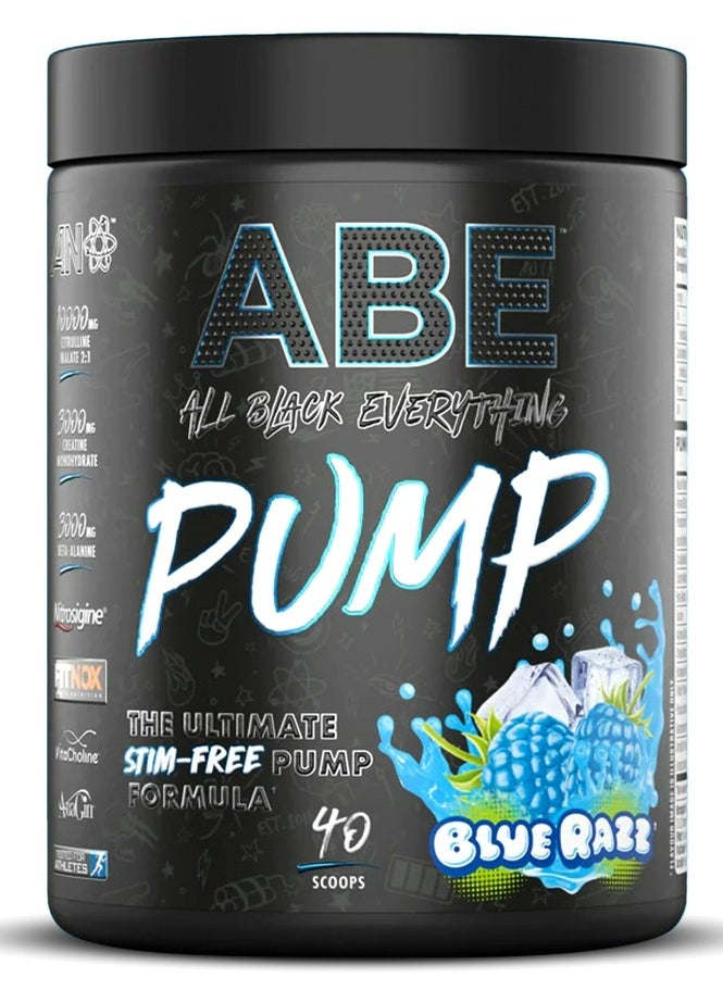 ABE Pump Stim-Free – 500 Grams, 40 Servings (Blue Razz) for Explosive Muscle Pumps, Focus & Endurance