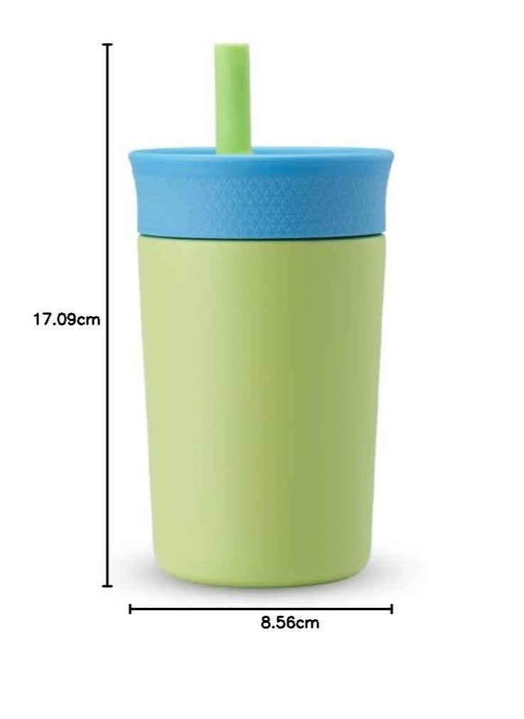 Stainless steel children's thermos with leak resistant flexible straw, easy to clean, children's water bottle, suitable for travel, suitable for dishwasher, 12 ounces, Green