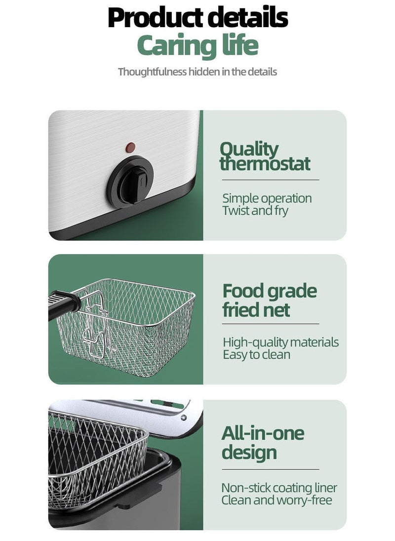 2.5L Electric Fryer Household Small 1000W High Power Multe Function Stainless Steel Fryer Kebab French Fries Machine