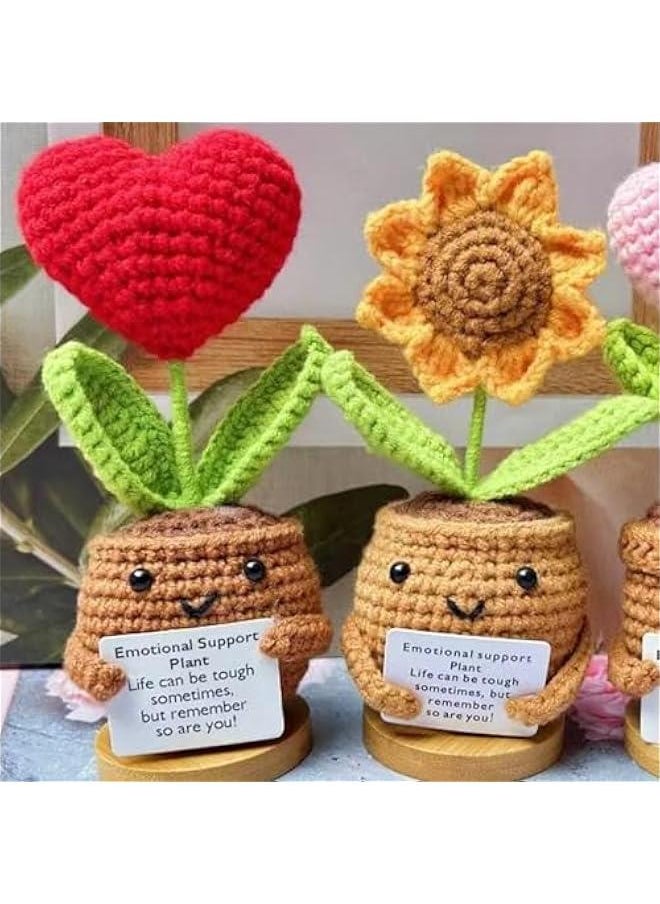 Positive Crochet Heart Plant,Handmade Emotional Support Heart Crochet Plant with Positive Card for Women Men Birthday s  Graduation Gifts