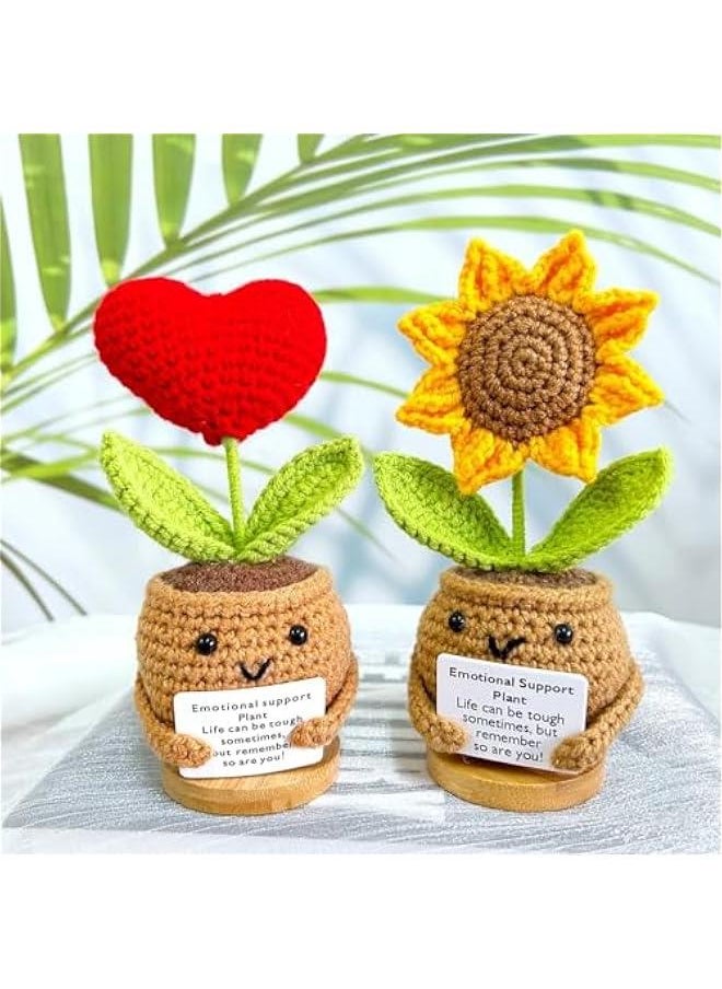 Positive Crochet Heart Plant,Handmade Emotional Support Heart Crochet Plant with Positive Card for Women Men Birthday s  Graduation Gifts