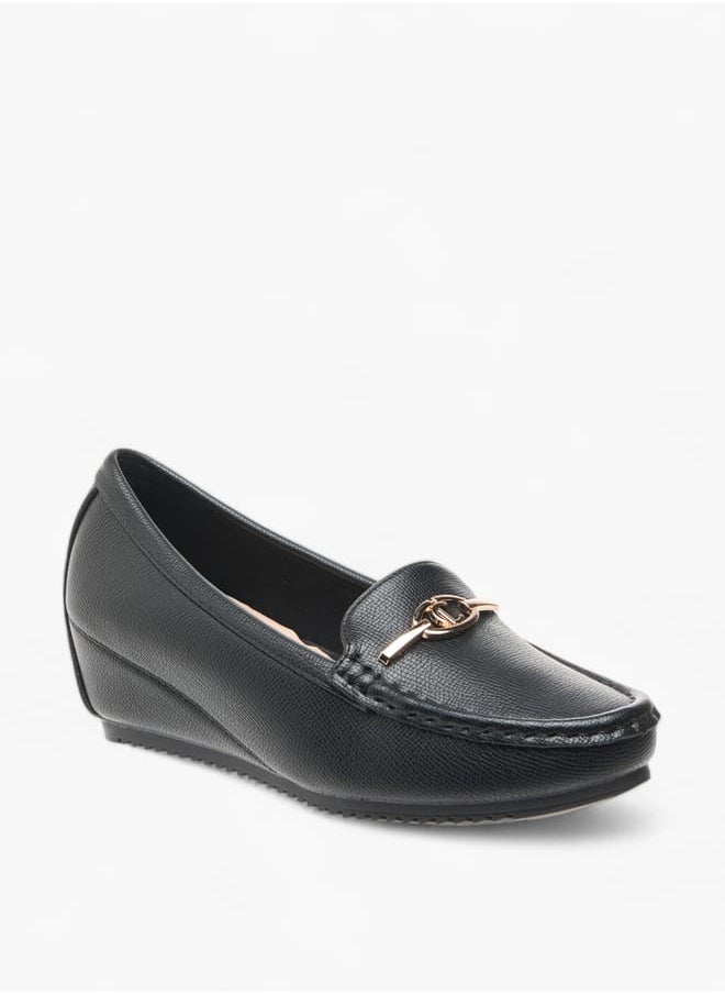 Women Metal Accent Slip-On Loafers with Wedge Heels