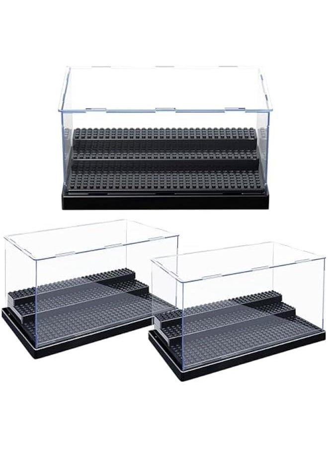 3 Pack Minifigure Display Case for Action Figures Blocks, Acrylic Display Box Storage, Clear Minifigure Display Shelves with 3 Movable Steps Disply Shelf Gift Collection Models Minifigures (Black)