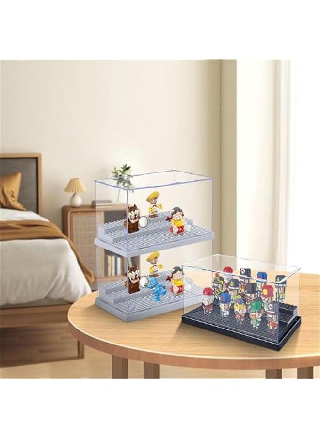 2 Pack Minifigure Display Case for Action Figures Blocks, Acrylic Display Box Storage, Clear Minifigure Display Shelves with 3 Movable Steps Disply Shelf Gift Collection Models Minifigures (Grey)