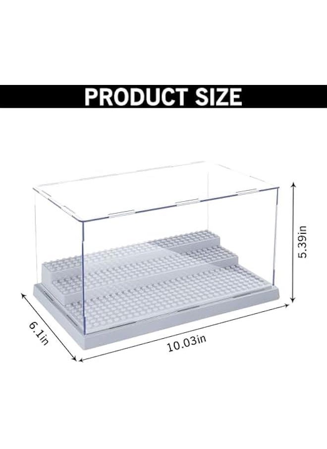 2 Pack Minifigure Display Case for Action Figures Blocks, Acrylic Display Box Storage, Clear Minifigure Display Shelves with 3 Movable Steps Disply Shelf Gift Collection Models Minifigures (Grey)