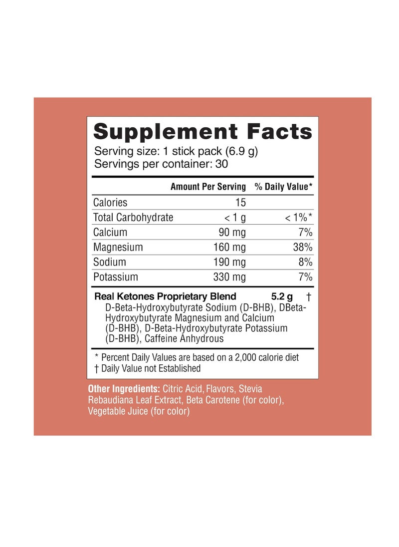BHB Exogenous Ketones Drink Mix Packets Keto Electrolytes Powder Packets No Sugar with 4 Main Fasting Electrolytes Plus Hydrating Patented Keto BHB - 30 Count Peach Caffeine