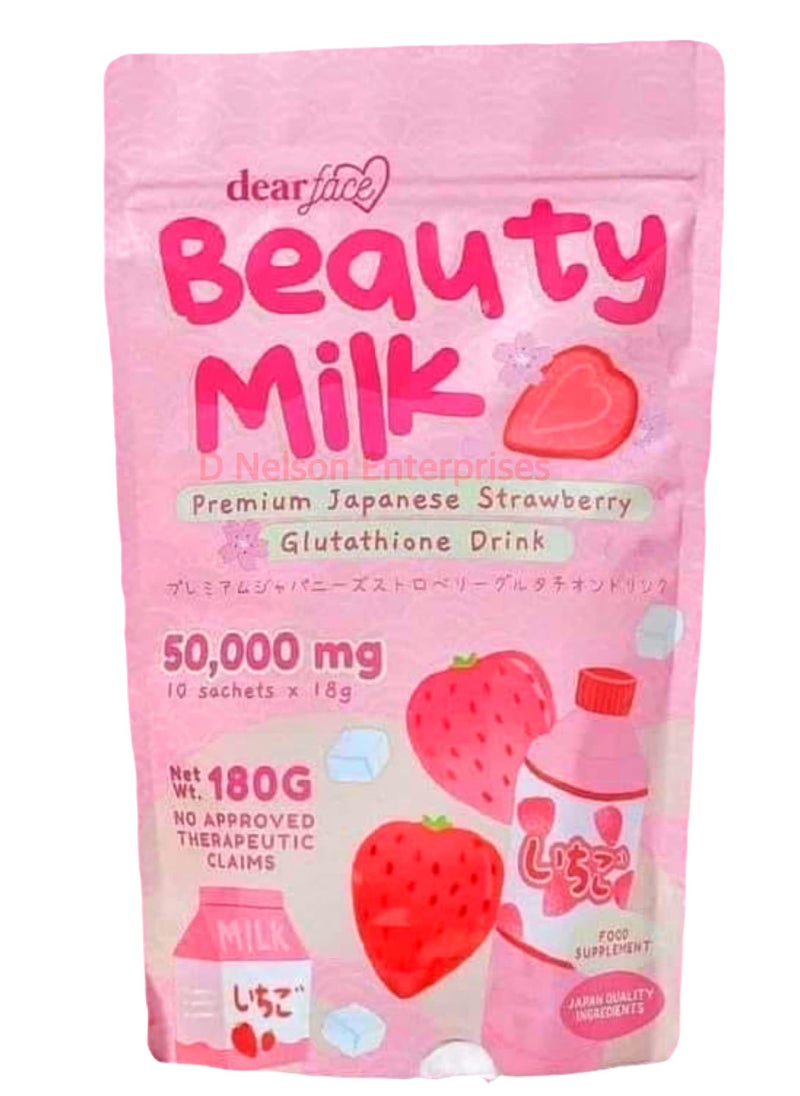 Beauty Milk Japanese Strawberry Glutathione Drink | 50,000mg Glutathione | Skin Brightening & Hydration | 10 Sachets (18g Each) - 180g