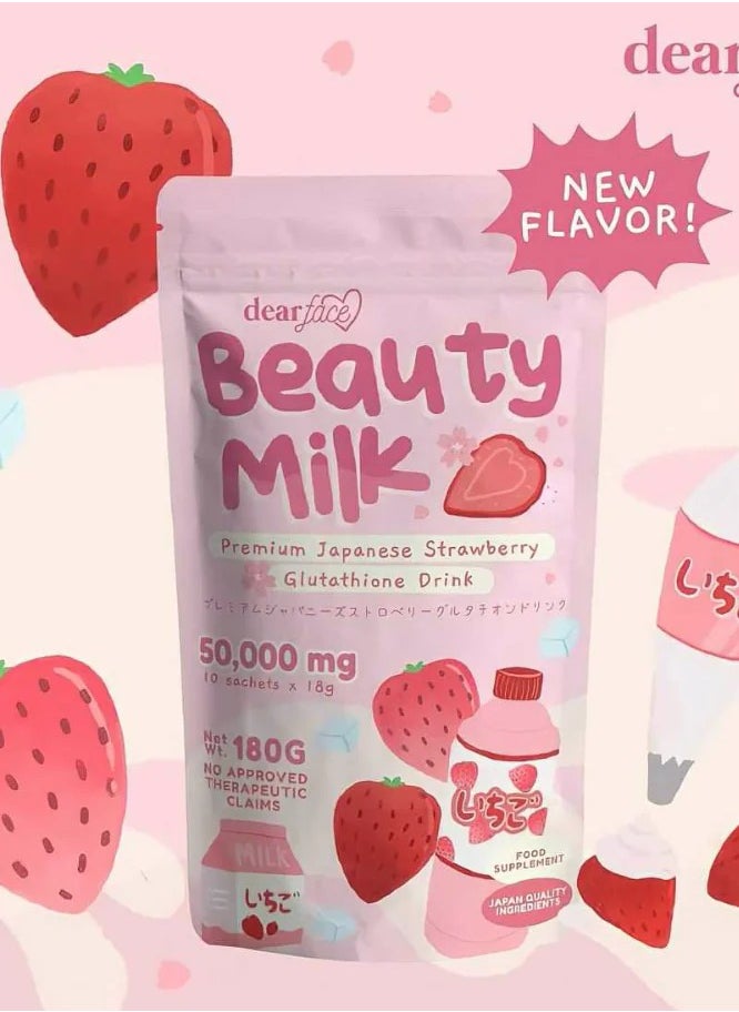 Beauty Milk Japanese Strawberry Glutathione Drink | 50,000mg Glutathione | Skin Brightening & Hydration | 10 Sachets (18g Each) - 180g