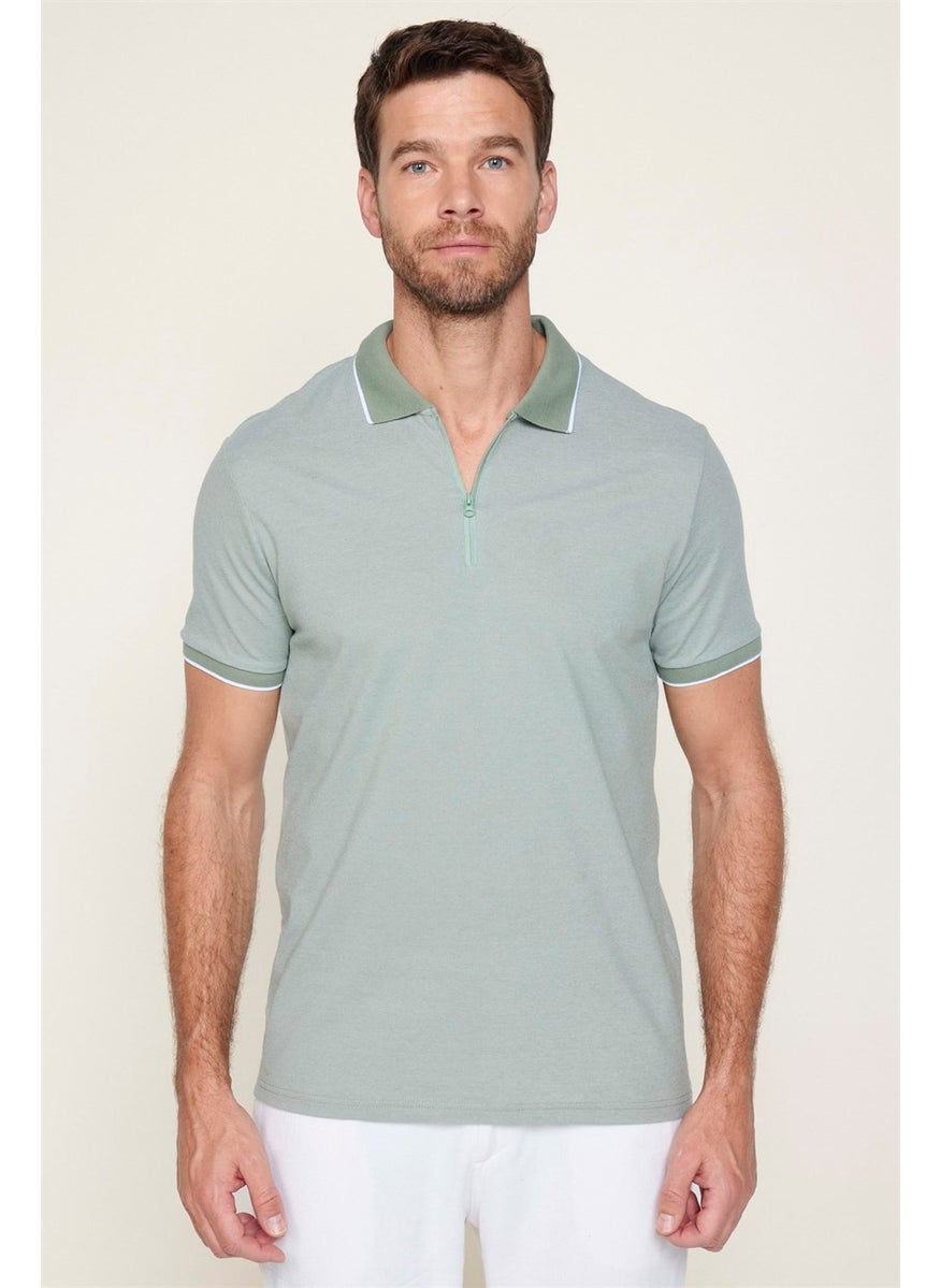 Men's Slim Fit Zippered Polo Neck Pique Cotton Mint T-Shirt