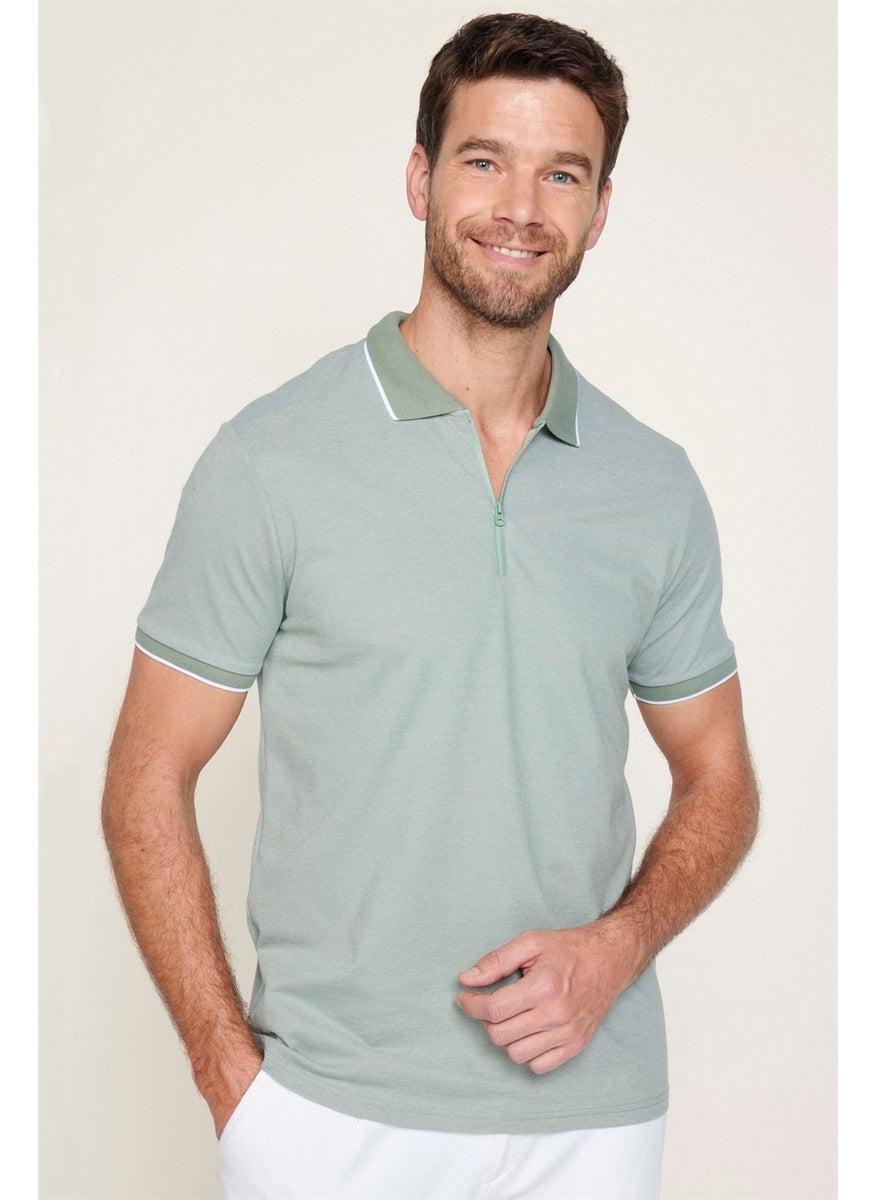 Men's Slim Fit Zippered Polo Neck Pique Cotton Mint T-Shirt