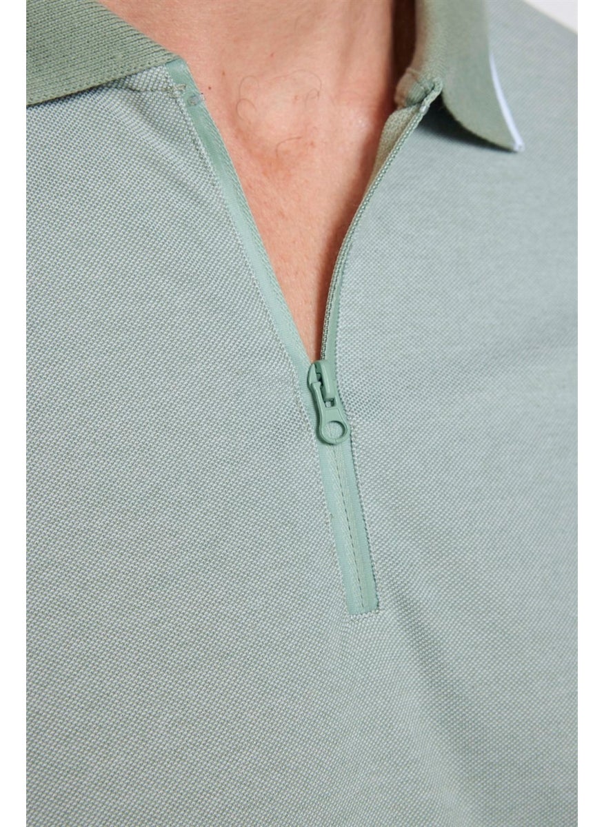 Men's Slim Fit Zippered Polo Neck Pique Cotton Mint T-Shirt