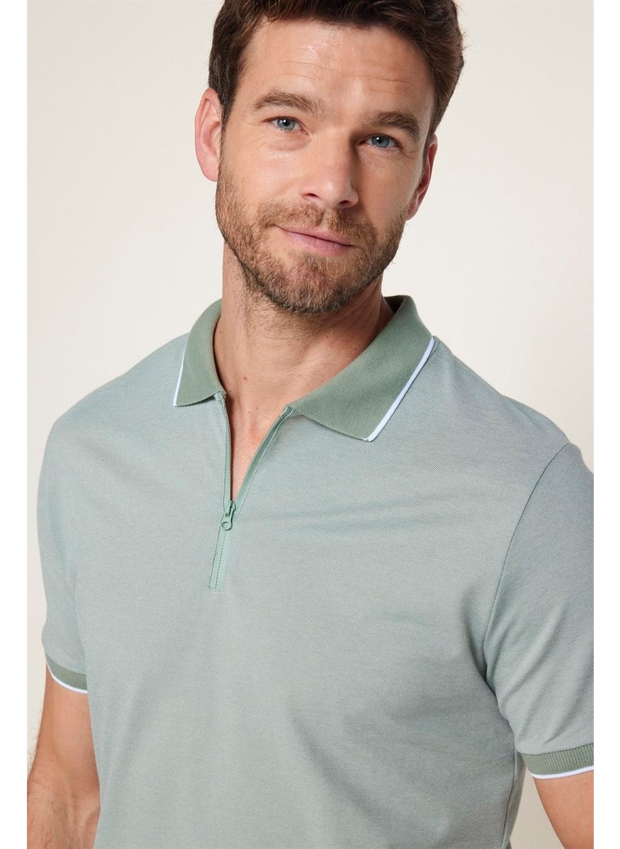 Men's Slim Fit Zippered Polo Neck Pique Cotton Mint T-Shirt