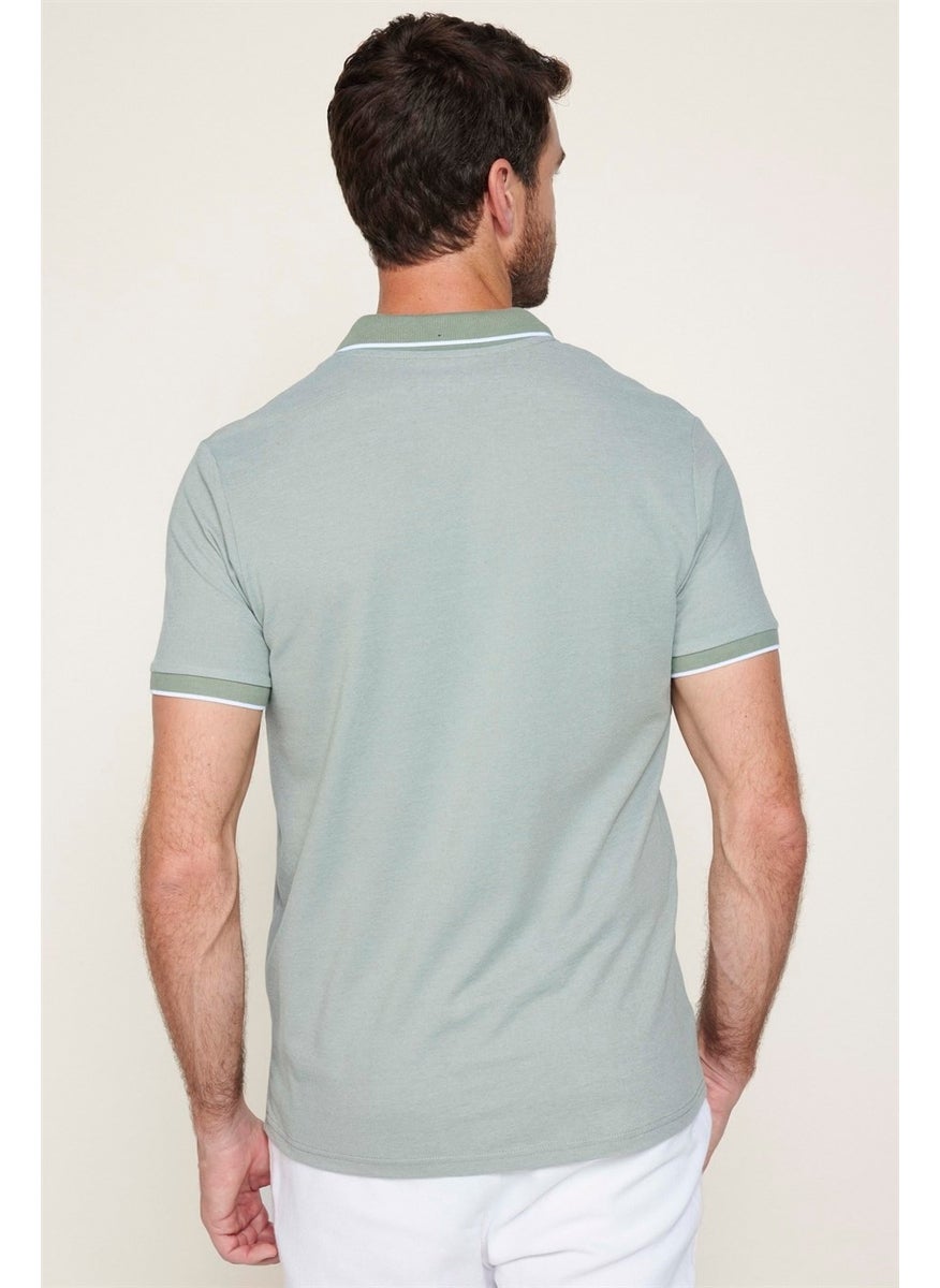 Men's Slim Fit Zippered Polo Neck Pique Cotton Mint T-Shirt