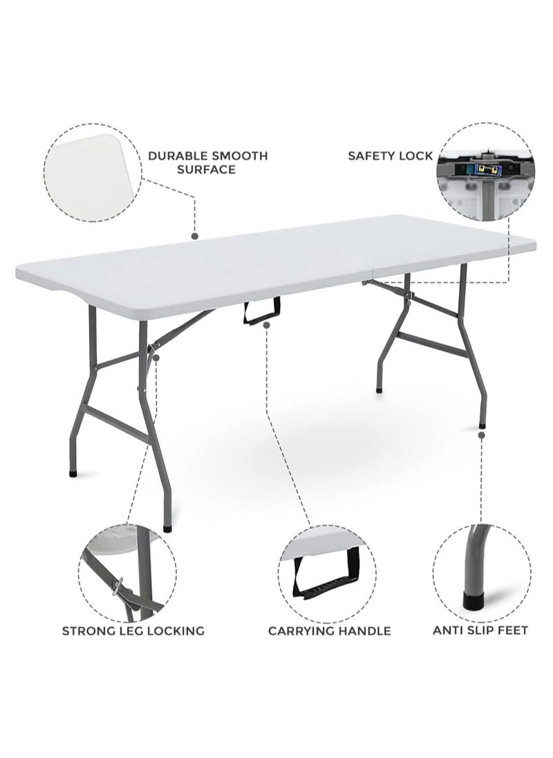 Folding Lightweight Trestle Outdoor Camping Table,Heavy Duty Plastic Outdoor Folding Picnic Table,Folding Trestle Table For BBQ Party, Folds in Half with Carry Handle,White