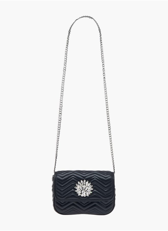 Women Embellished Crossbody Bag with Chain Strap and Flap Closure