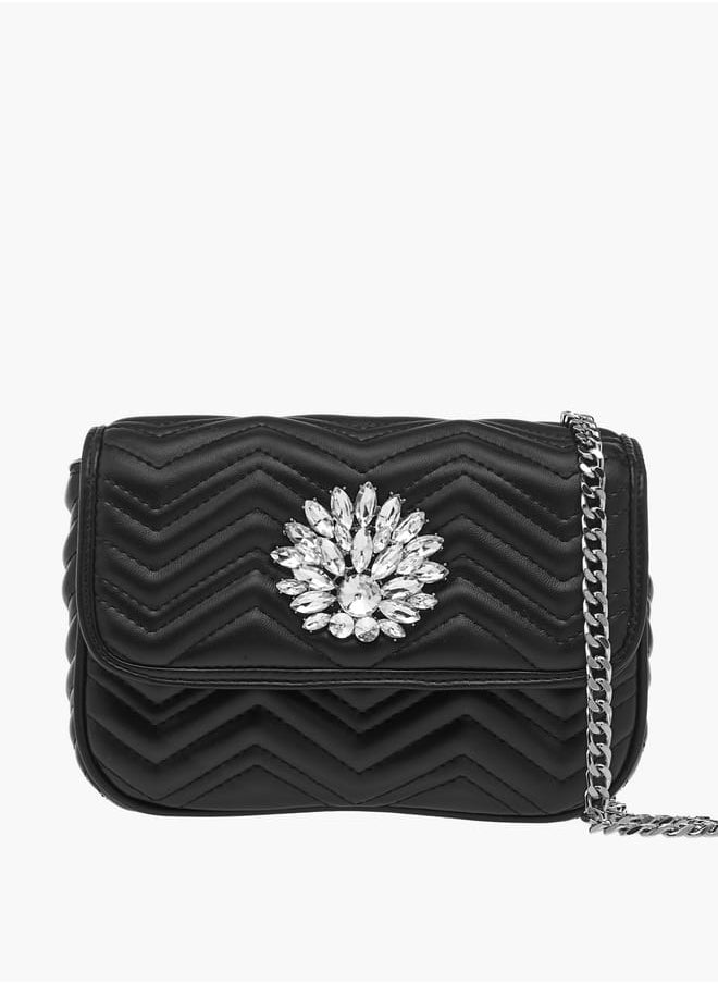 Women Embellished Crossbody Bag with Chain Strap and Flap Closure