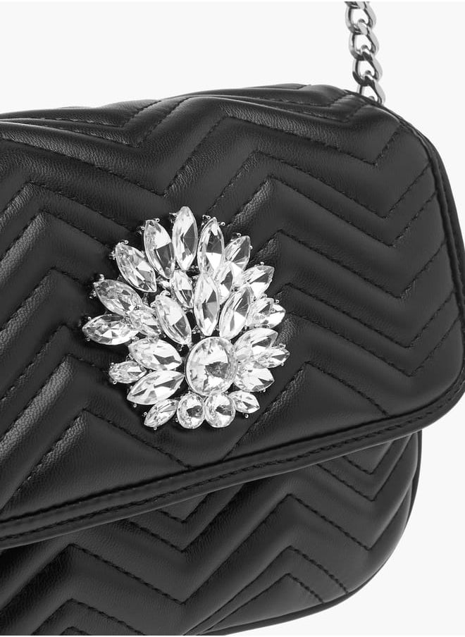 Women Embellished Crossbody Bag with Chain Strap and Flap Closure
