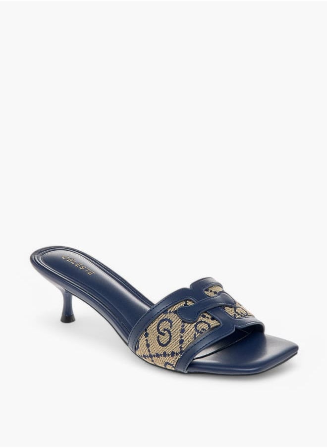 Women's Logo Detail Slip-On Sandals with Kitten Heels