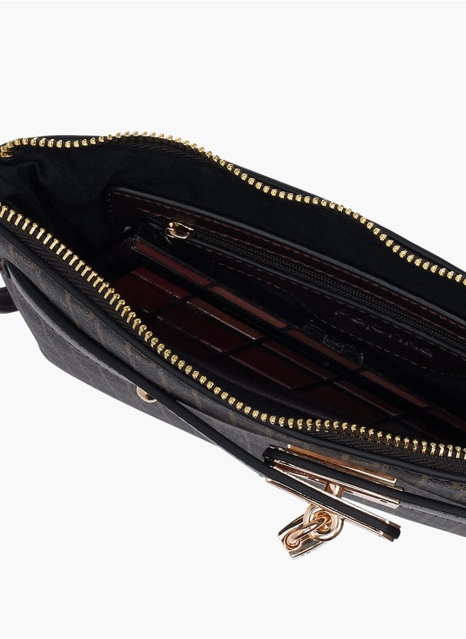 Women Monogram Print Clutch with Zip Closure and Wrist Loop