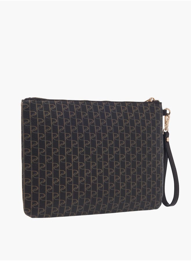 Women Monogram Print Clutch with Zip Closure and Wrist Loop