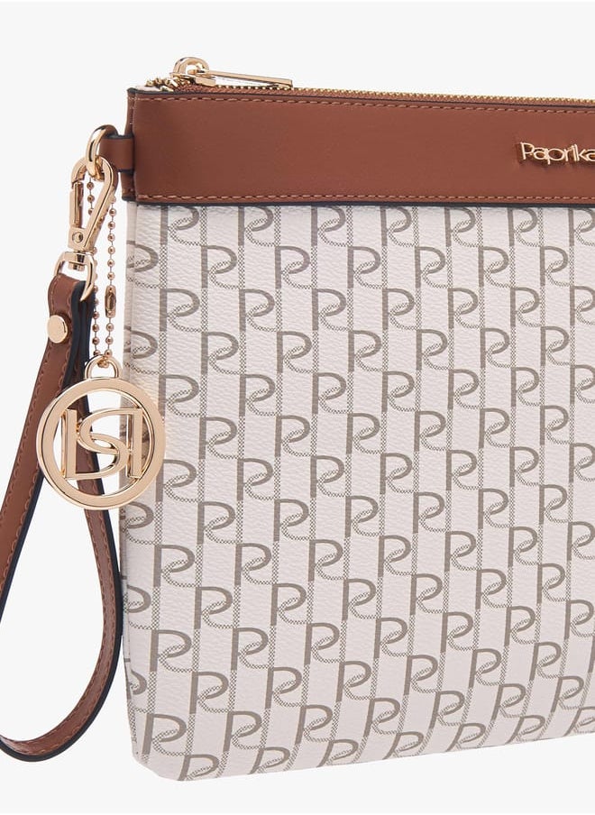 Women Monogram Print Clutch with Zip Closure and Wrist Loop