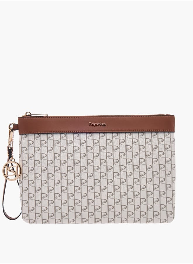 Women Monogram Print Clutch with Zip Closure and Wrist Loop