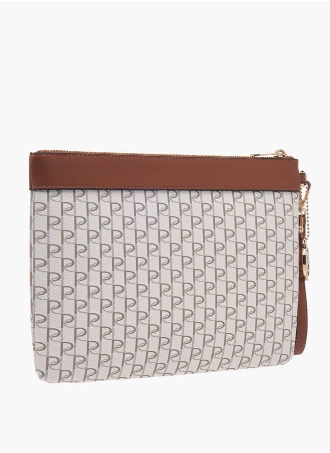 Women Monogram Print Clutch with Zip Closure and Wrist Loop
