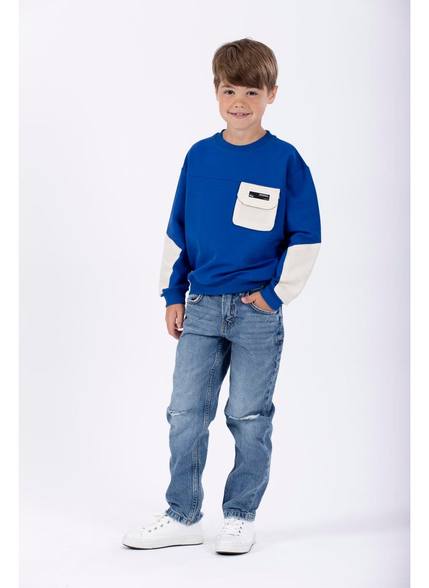 Boy's Saks Colored Pocketed Sleeve Patched Sweatshirt