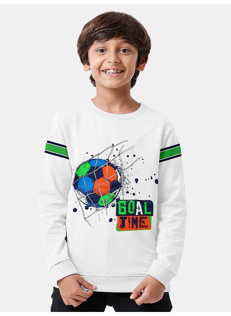 Regular Printed White Cotton Sweatshirt For Boys Round Neck Flat Pull On 100 % Cotton