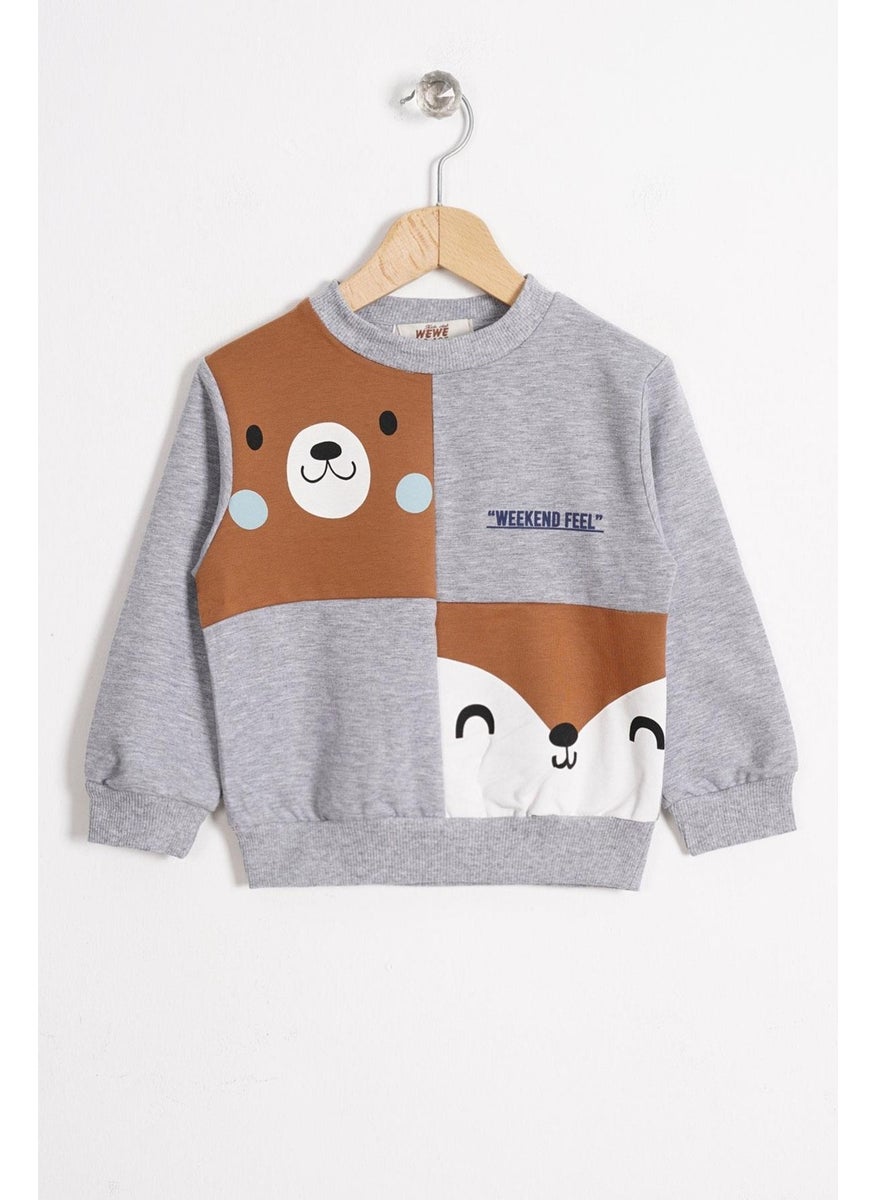 Fox and Bear Figured Crew Neck Gray Melange Color Boy's Sweatshirt