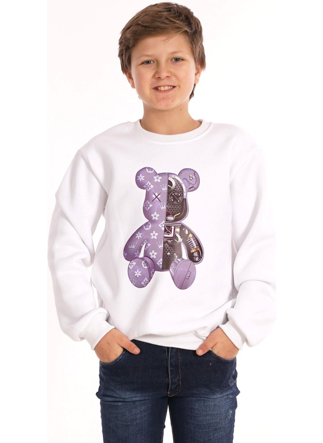 Teddy Bear Printed White Color Boy Sweater