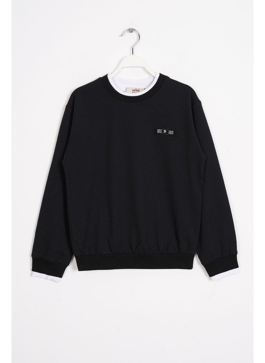 Black Color Boy's Sweatshirt with Garnished Collar and Sleeves