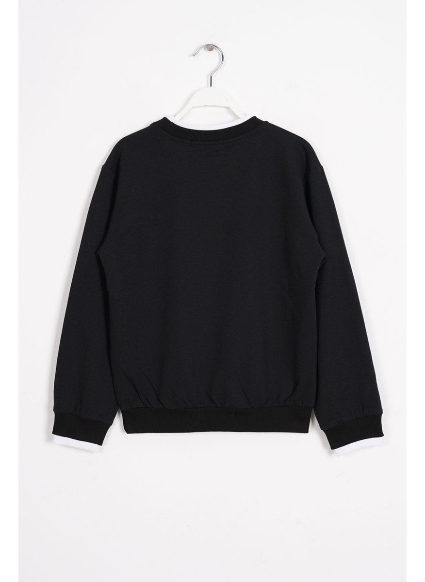 Black Color Boy's Sweatshirt with Garnished Collar and Sleeves