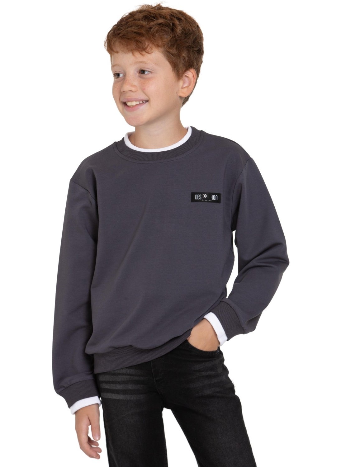 Smoke Color Boy's Sweatshirt with Garnished Collar and Sleeves